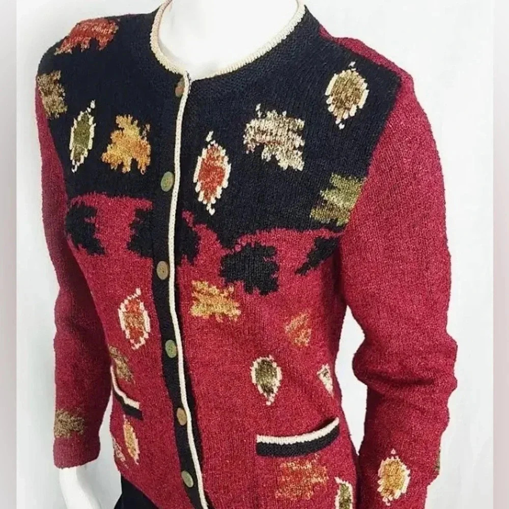 Vntge South Cotton Fall button up Cardigan Hand Loomed Autumn Leaf Pattern Sz XL
